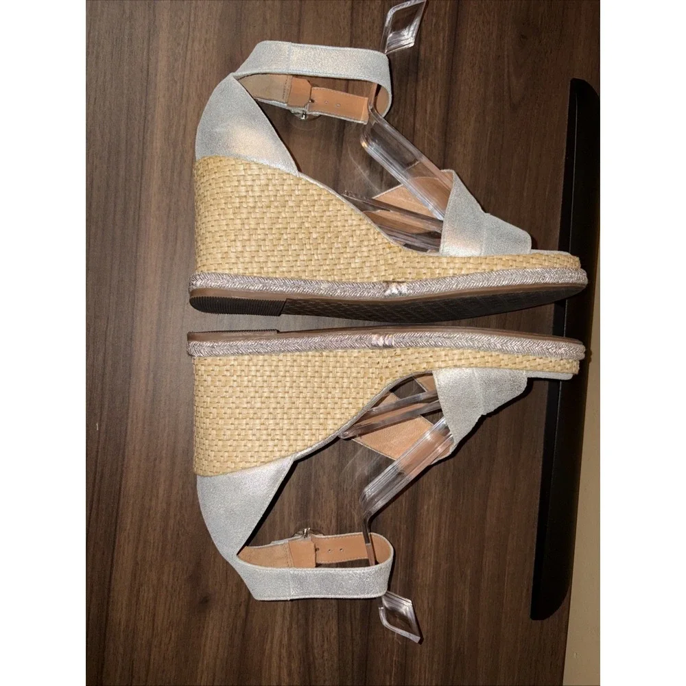 Johnston & Murphy 8 M Marcia Leather Espadrille Wedge Sandals Silver Metallic